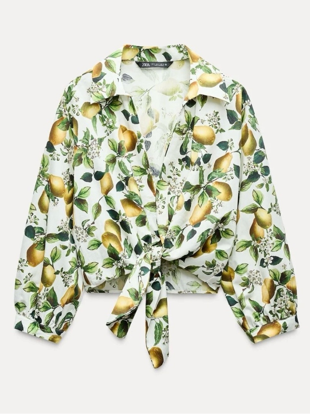 Zara Pear Print Tie Front Button Shirt - White, Yellow, Green Size XS